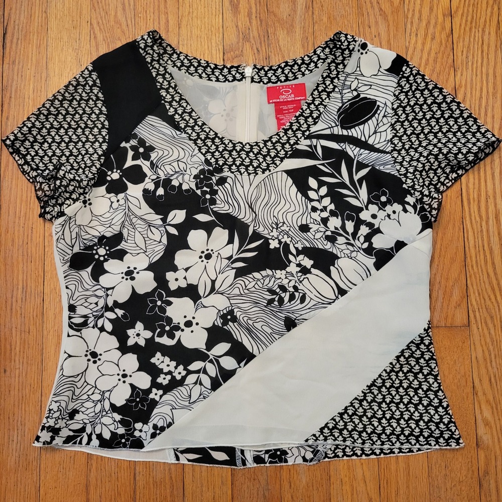 Oscar De La Renta 10P Blouse Black White Mixed Media Floral Patchwork Whimsigoth